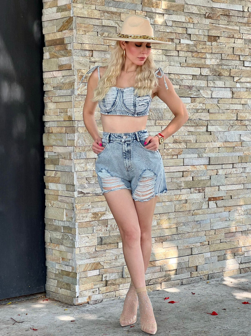 Jeans Short Largo De Mezclilla Tiro Alto Outfit Con Short De