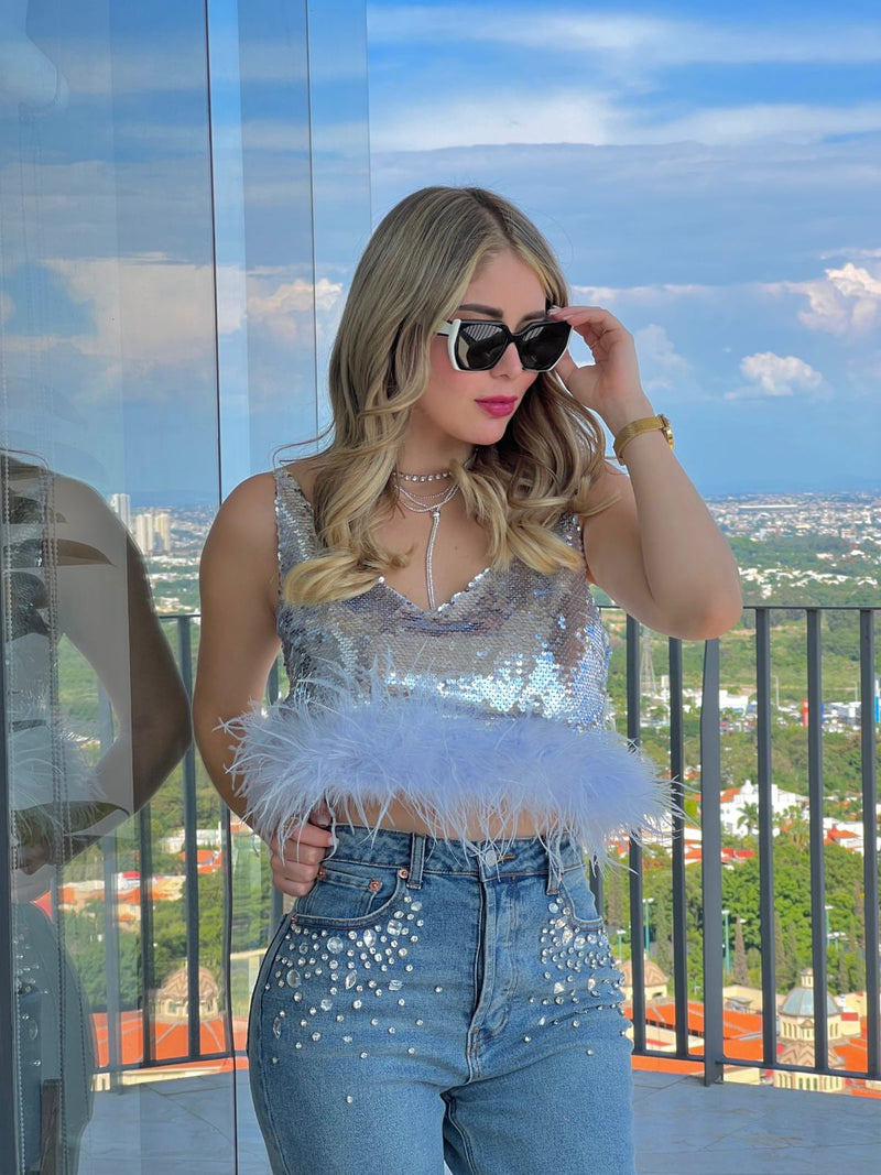 Jeans Blusas Plateadas BLUSA PLATA LENTEJUELAS Y PLUMAS