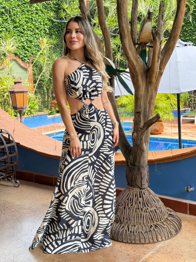 VESTIDO LARGO ESTAMPADO ABERTURA TORZO