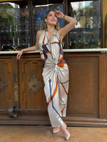 VESTIDO BEIGE SATINADO DETALLE ESTAMPADO