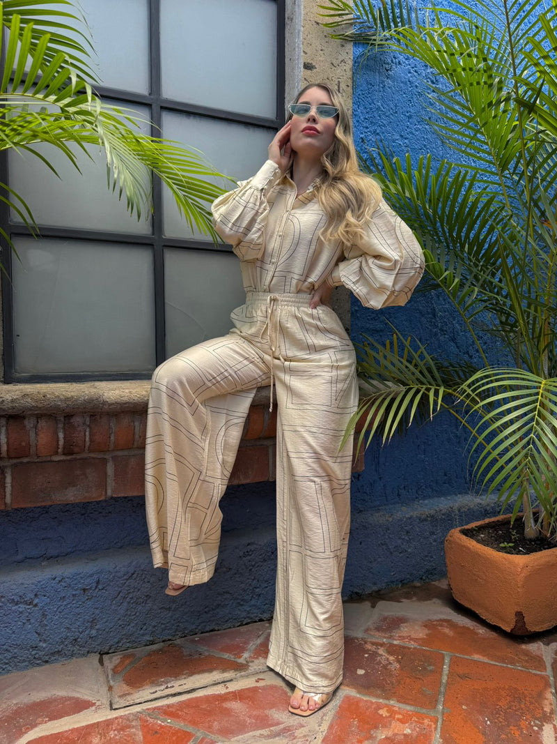SET BEIGE PANTALON ESTAMPADO
