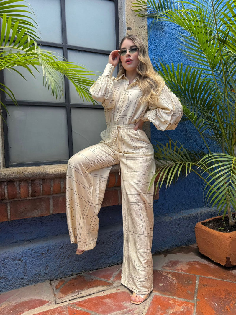 SET BEIGE PANTALON ESTAMPADO