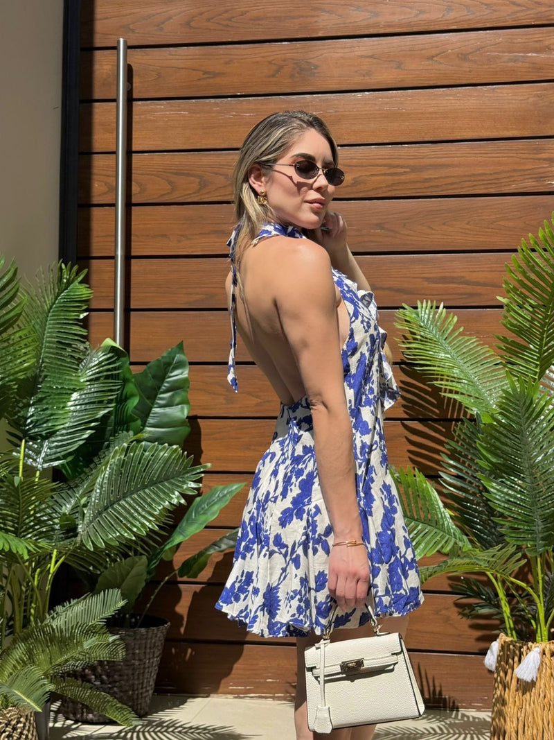 VESTIDO BLANCO ESTAMPADO FLORES AZULES