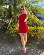 VESTIDO ROJO TIRANTES CADENA DORADAS
