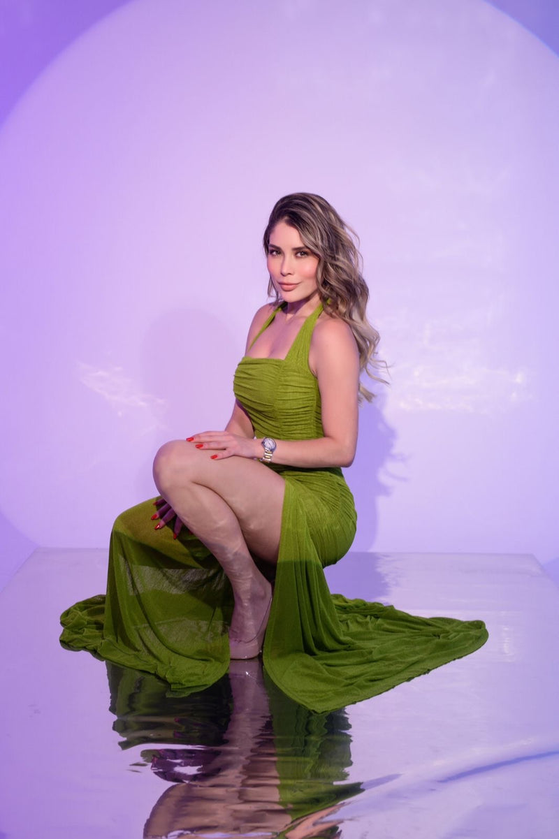 VESTIDO LARGO VERDE CORUGADO
