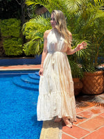VESTIDO BEIGE TRANSPARENCIA Y FLORES