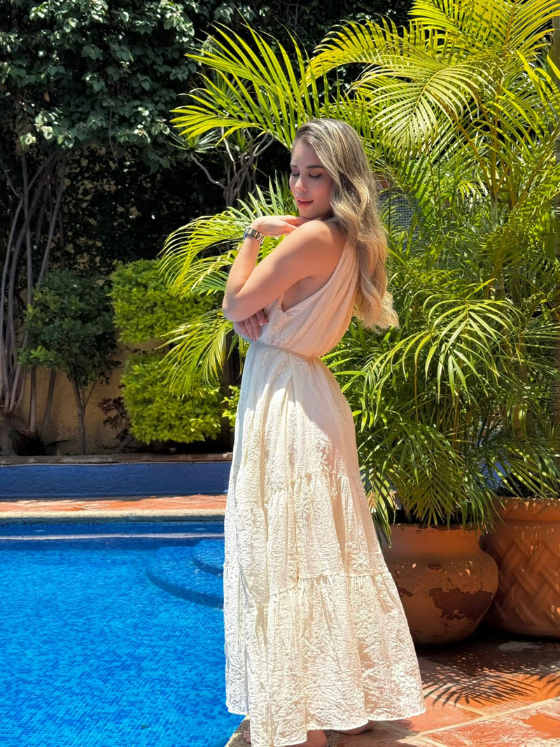 VESTIDO BEIGE TRANSPARENCIA Y FLORES