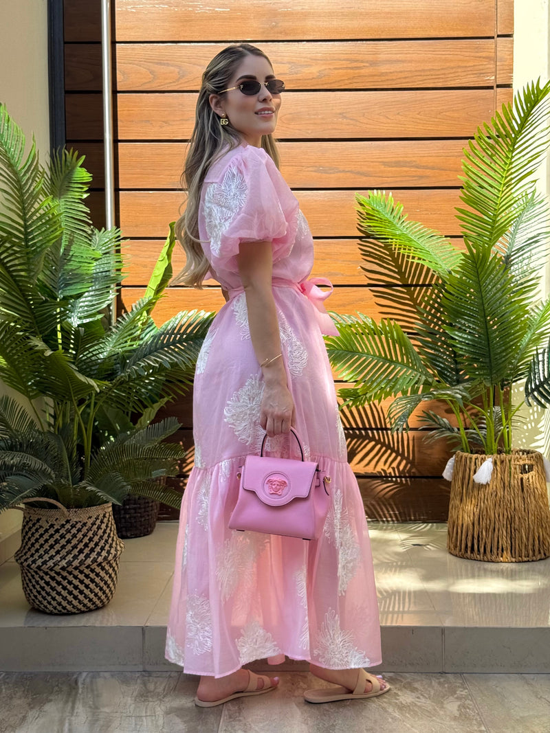 VESTIDO ROSA FLORES BORDADAS