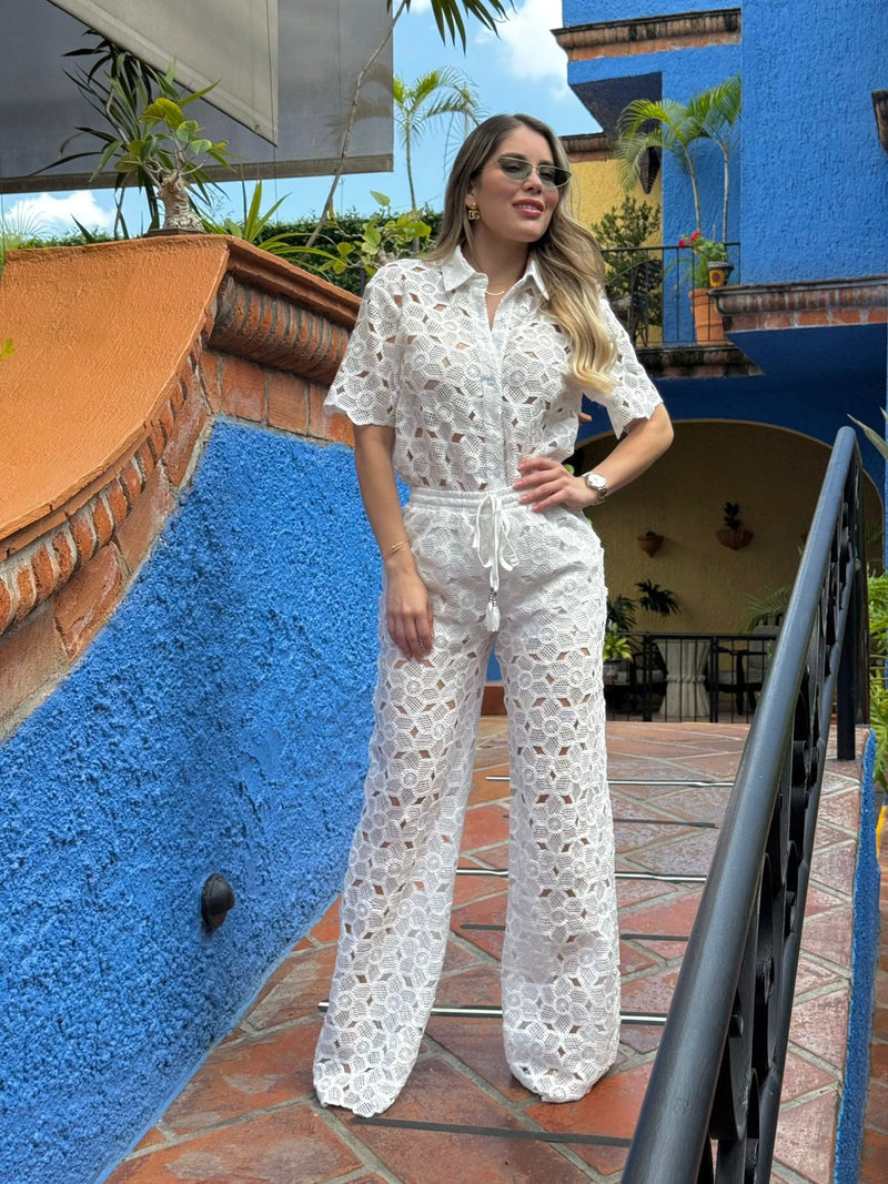 SET BLANCO PANTALON TEJIDO