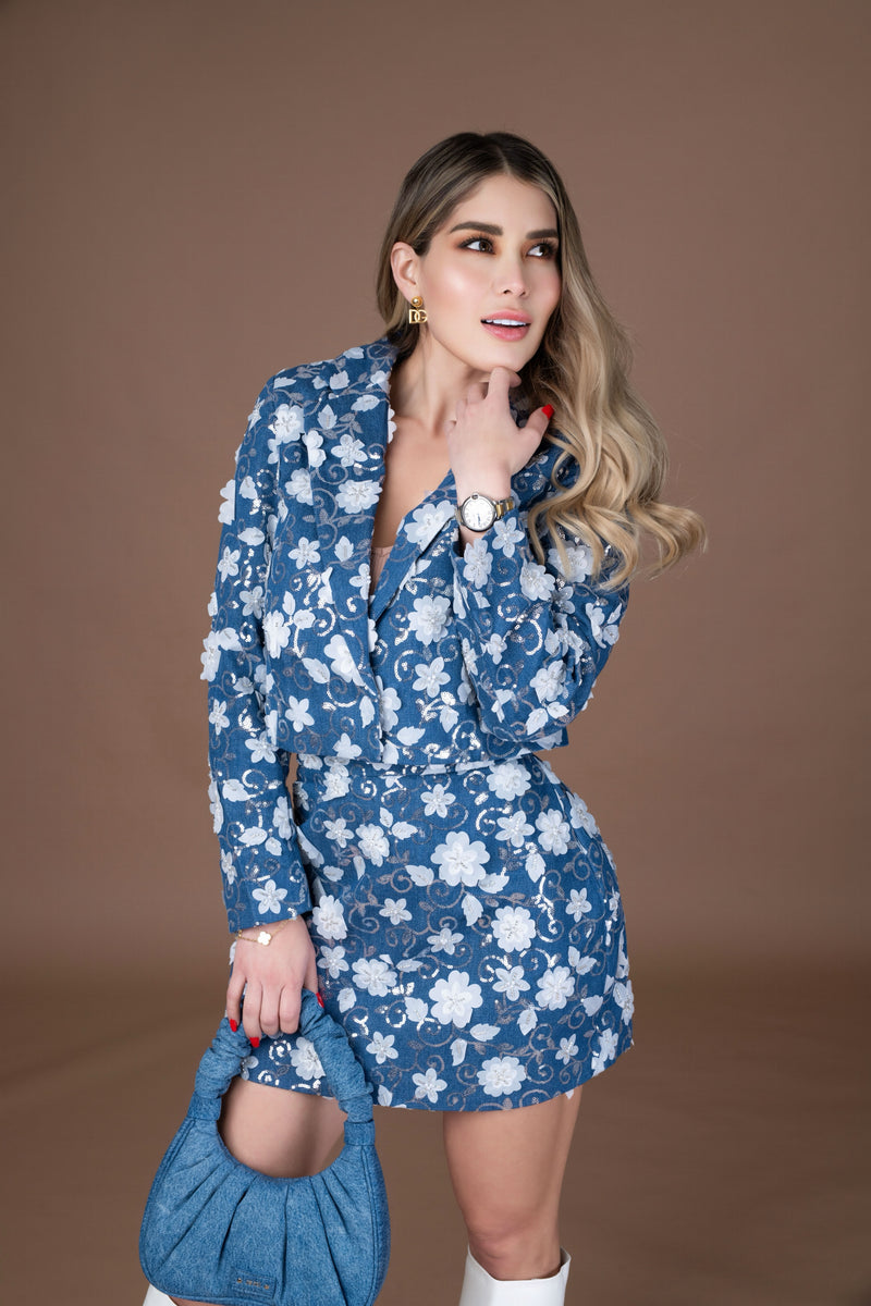 SET AZUL FLORES CON LENTEJUELA