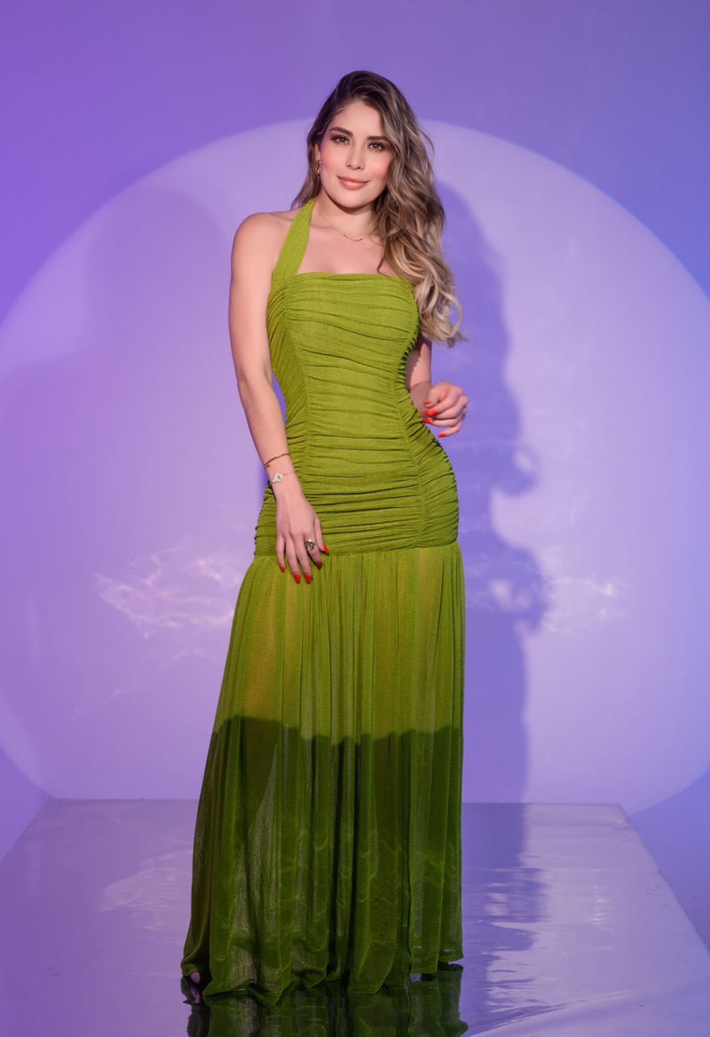 VESTIDO LARGO VERDE CORUGADO