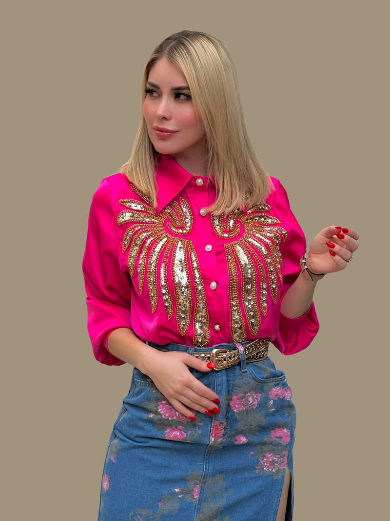 CAMISA ROSA DETALLE DORADO