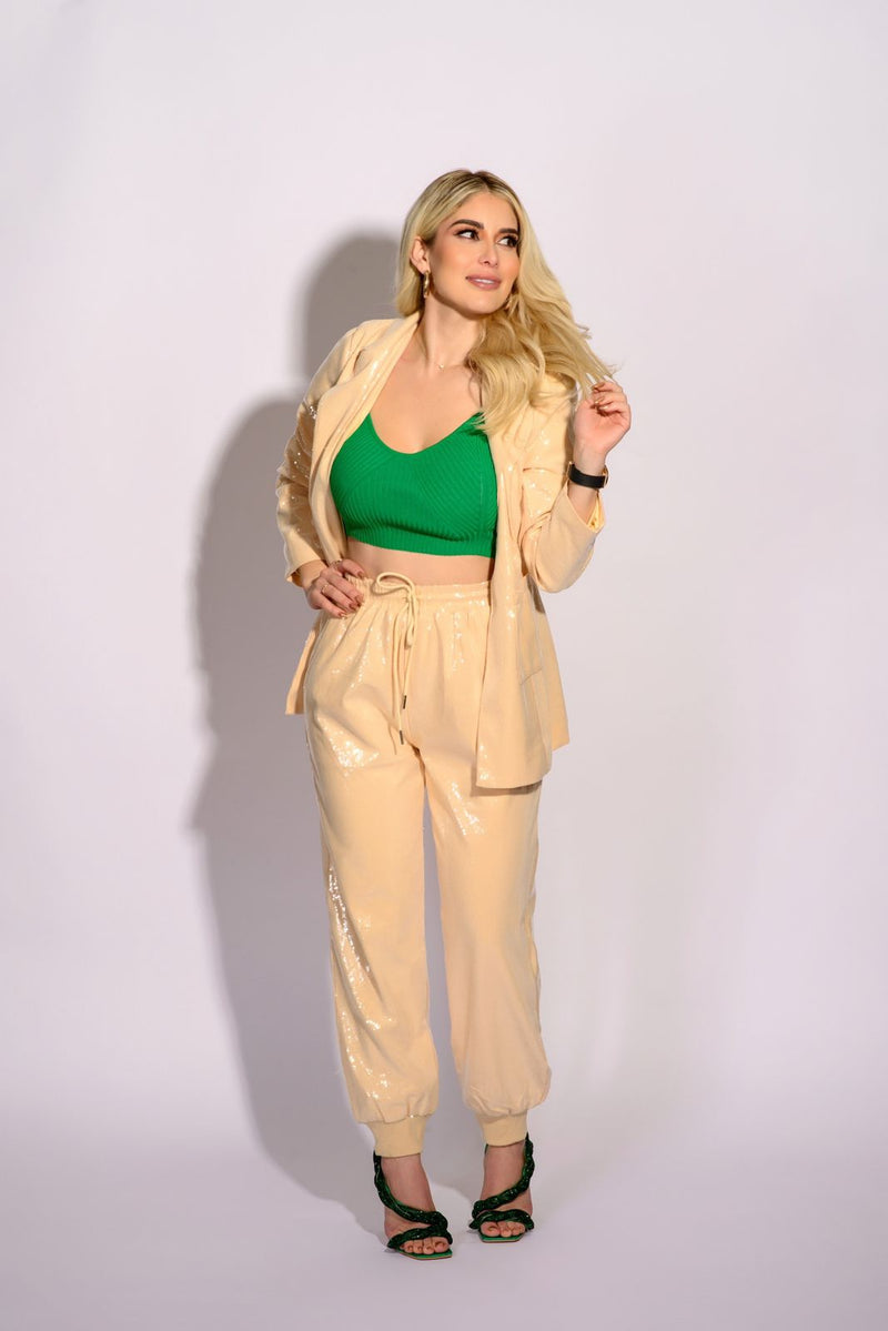 SET BEIGE LENTEJUELAS