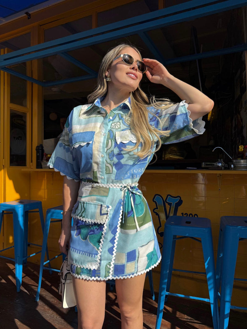 SET AZUL FALDA ESTAMPADO